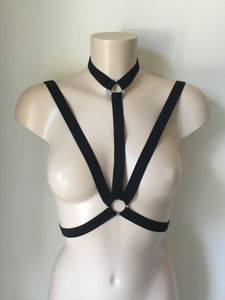 Alluring Elasticated Body Harness- Bralet, With Choker