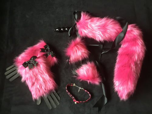 Sexy Hot Pink & Black Pet play Set , with cuffs , and plug, collar,